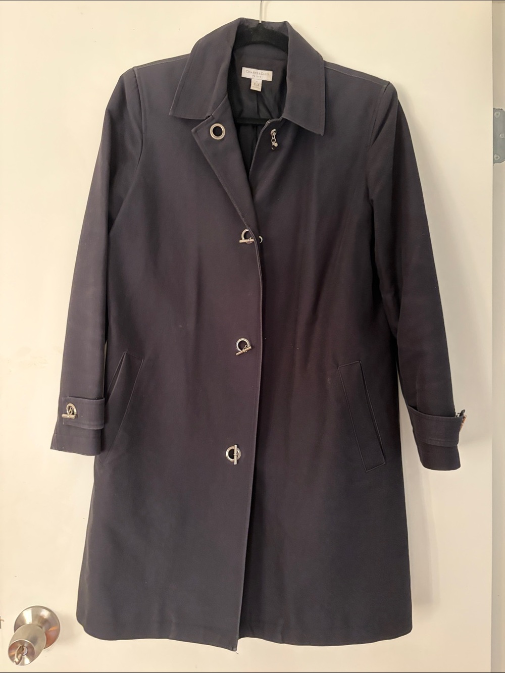Charter club black rain coat size SP petite small silver toggle buttons 90’s